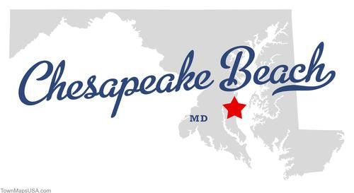 Illustrated Maryland map marking Chesapeake Beach with a red star