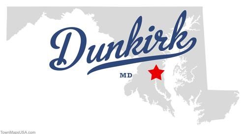 Illustrated Maryland map marking Dunkirk with a red star
