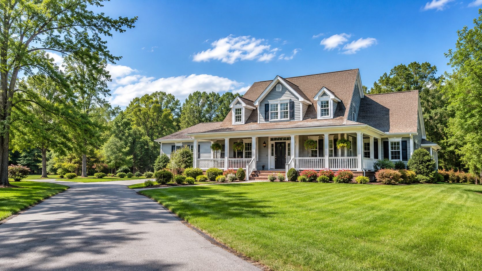 A welcoming Calvert County Maryland home with a front porch, manicured lawn, mature trees and blue sky.