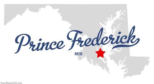 Illustrated Maryland map marking Prince Frederick with a red star